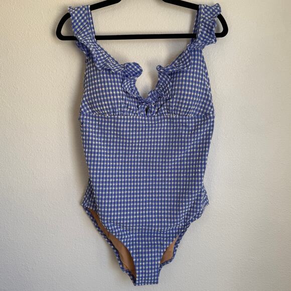 NWT J. Crew Sz L Seersucker Ruffle V-neck One-piece Swimsuit BY483 Blue Gingham - Picture 3 of 12